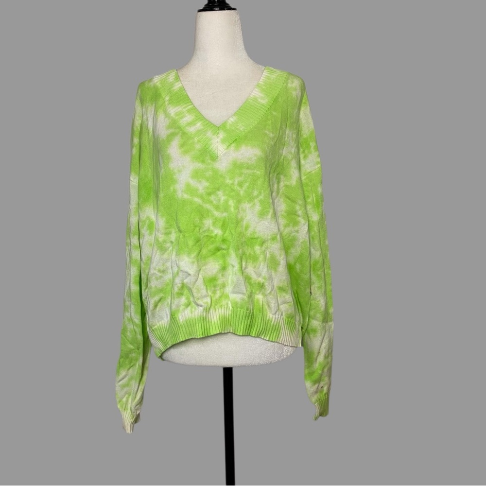 ❤️ L ❤️ NWT Anthro Sweatshirt Tye Dye Lime Green Bright Vneck V-Neck Cotton